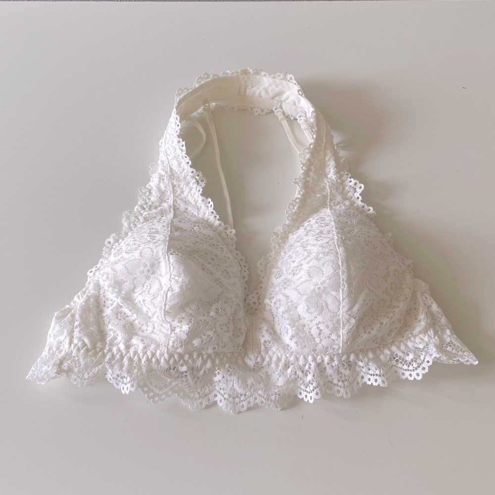 Luvlette Longline Bralette Lace Halter Bra Wireless Coastal Bridal White